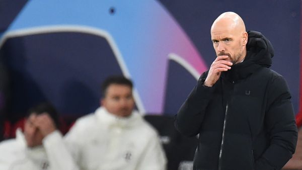 Manchester United's Dutch manager Erik ten Hag reacts during the UEFA Champions League group A football match between Manchester United and FC Bayern Munich at Old Trafford stadium in Manchester, north west England, on December 12, 2023. (Photo by PETER POWELL / AFP)