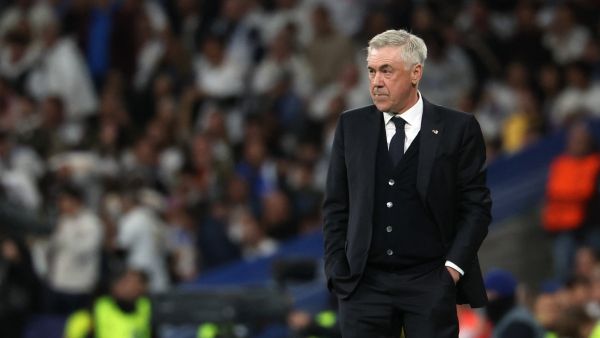 Real Madrid's Italian coach Carlo Ancelotti gestures on the sidelines during the UEFA Champions League quarter final first leg football match between Real Madrid CF and Manchester City at the Santiago Bernabeu stadium in Madrid on April 9, 2024. (Photo by Pierre-Philippe MARCOU / AFP)