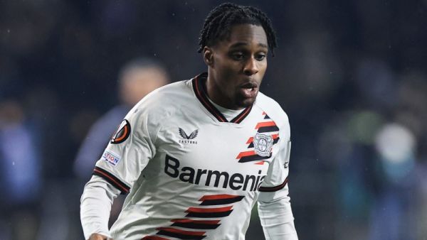 Bayer Leverkusen's Dutch defender #30 Jeremie Frimpong runs with the ball during the UEFA Europa League round of 16 first leg football match between Qarabag FK and Bayer 04 Leverkusen at Tofiq Bahramov Republican Stadium in Baku on March 7, 2024. (Photo by Giorgi ARJEVANIDZE / AFP)