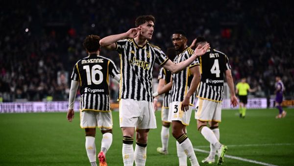 Juventus' Serbian forward #09 Dusan Vlahovic celebrates before his goal was denied by VAR due to offside during the Italian Serie A football match between Juventus and Fiorentina, at The Allianz Stadium, in Turin on April 7, 2024. (Photo by Marco BERTORELLO / AFP)