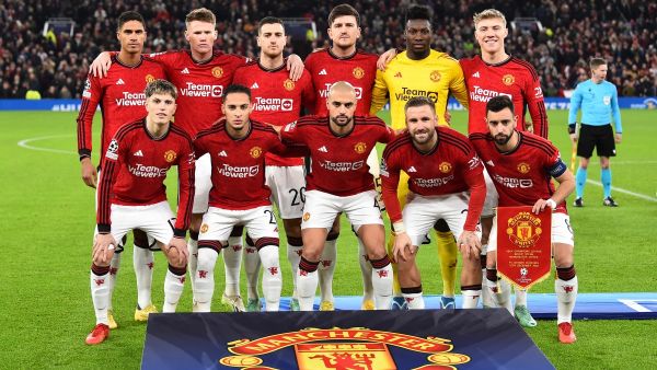 Manchester United's players pose for a team picture prior to the UEFA Champions League group A football match between Manchester United and FC Bayern Munich at Old Trafford stadium in Manchester, north west England, on December 12, 2023. (Photo by PETER POWELL / AFP)