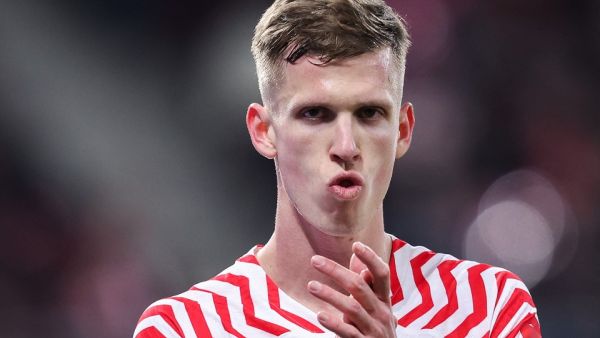 Leipzig's Spanish forward #07 Dani Olmo reacs during the UEFA Champions League Round of 16, first-leg football match between RB Leipzig and Real Madrid CF in Leipzig, eastern Germany, on February 13, 2024. (Photo by Ronny Hartmann / AFP)