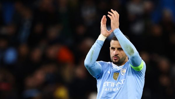Manchester City's English defender #02 Kyle Walker reacts at the end of the UEFA Champions League quarter-final second-leg football match between Manchester City and Real Madrid, at the Etihad Stadium, in Manchester, north-west England, on April 17, 2024. Real Madrid beat holders Manchester City 4-3 on penalties to reach the Champions League semi-finals on Wednesday after the tie ended 4-4 on aggregate. (Photo by Darren Staples / AFP)