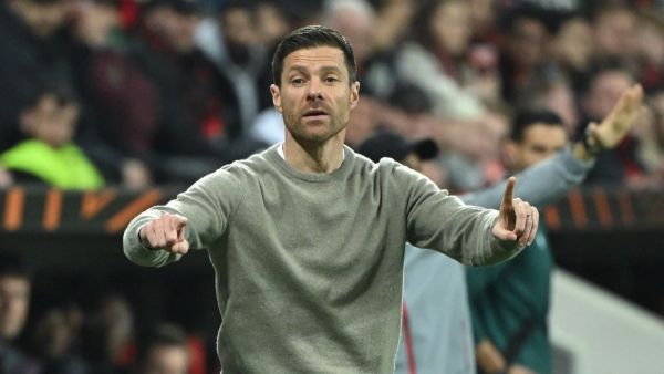Bayer Leverkusen's Spanish head coach Xabi Alonso reacts during the UEFA Europa League quarter-final first leg football match between Bayer 04 Leverkusen and West Ham United FC in Leverkusen, western Germany on April 11, 2024. (Photo by INA FASSBENDER / AFP)