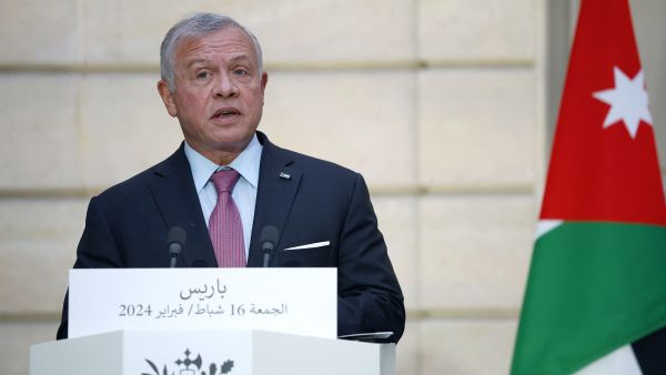 King Abdullah II of Jordan speaks during a joint statement with French president at the Elysee Palace in Paris, on February 16, 2024. (Photo by Yoan VALAT / POOL / AFP) King Abdullah