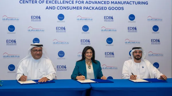 From left to right: H.E. Mohamed Al Awadhi, Director General of SCCI; H.E. Najla Ahmed Al Midfa, CEO of Sharjah Entrepreneurship Center (Sheraa); and H.E. Ahmed Mohamed Al Naqbi, CEO of Emirates Development Bank during a group signing of the new strategic partnership to launch the CoE for Advanced Manufacturing and CPG.