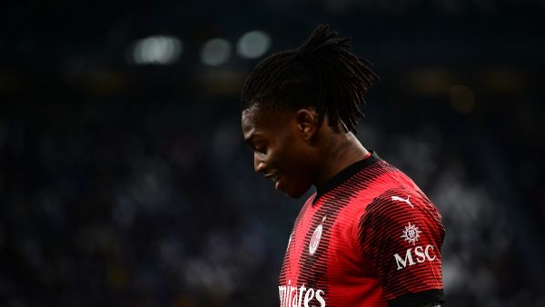 AC Milan's Portuguese forward #10 Rafael Leao reacts during the Italian Serie A football match between Juventus and AC Milan at The Allianz Stadium in Turin on April 27, 2024. (Photo by MARCO BERTORELLO / AFP)