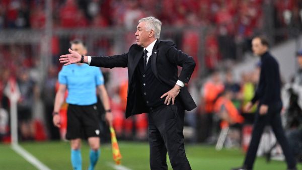 Real Madrid's Italian coach Carlo Ancelotti gestures during the UEFA Champions League semi-final first leg football match between FC Bayern Munich and Real Madrid CF on April 30, 2024 in Munich, southern Germany. (Photo by Kirill KUDRYAVTSEV / AFP)