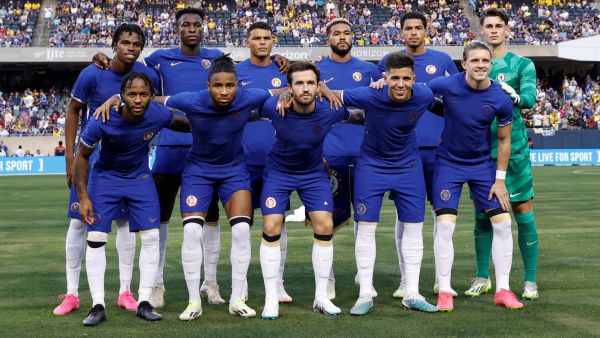 Chelsea players pose for a team photo ahead of a pre-season friendly football match between Chelsea FC and Borussia Dortmund BVB at Soldier Field in Chicago, Illinois, on August 2, 2023. (Photo by KAMIL KRZACZYNSKI / AFP)
