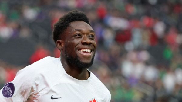 Alphonso Davies #19 of Canada reacts after scoring a goal against Panama in the second half of their game during the 2023 CONCACAF Nations League semifinals at Allegiant Stadium on June 15, 2023 in Las Vegas, Nevada. Canada defeated Panama 2-0. Ethan Miller/Getty Images/AFP (Photo by Ethan Miller / GETTY IMAGES NORTH AMERICA / Getty Images via AFP)