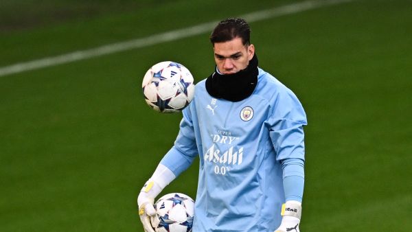 Manchester City's Brazilian goalkeeper Ederson attends a team training session at Manchester City's training ground in north-west England on November 27, 2023, ahead of their UEFA Champions League Group G football match against RB Leipzig. (Photo by Paul ELLIS / AFP)