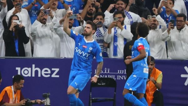 Hilal's Portuguese midfielder #08 Ruben Neves celebrates scoring his team's second goal during the Saudi Pro League football match between Al-Hilal and Al-Fateh at the Kingdom Arena stadium in Riyadh on April 26, 2024. (Photo by Fayez NURELDINE / AFP)