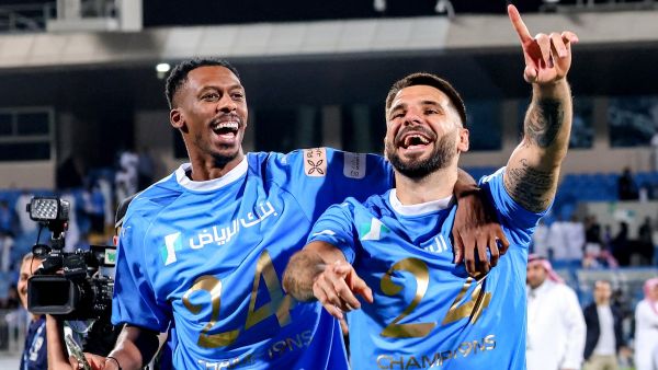 Hilal's players celebrate their 19th Saudi Pro League title after their football match against Al-Hazem at the Kingdom Arena stadium in Riyadh on May 11, 2024. (Photo by Fayez NURELDINE / AFP)