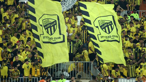 Ittihad's fans cheer for their team during the Saudi Pro League football match between Al-Ittihad and Al-Hilal at Prince Abdullah al-Faisal Stadium in Jeddah on September 1, 2023. (Photo by AFP)