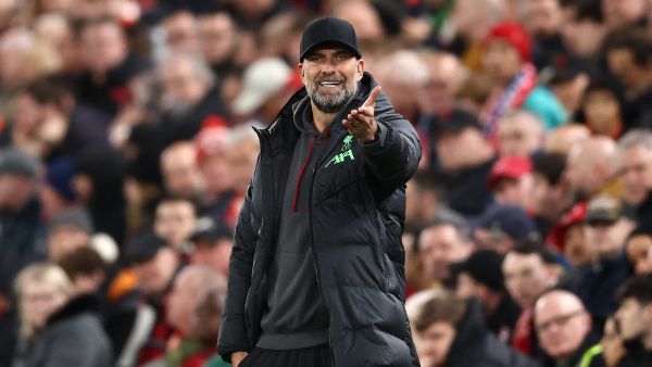 Liverpool's German manager Jurgen Klopp reacst during the UEFA Europa League quarter-final first leg football match between Liverpool and Atalanta at Anfield in Liverpool, north west England on April 11, 2024. (Photo by Darren Staples / AFP)