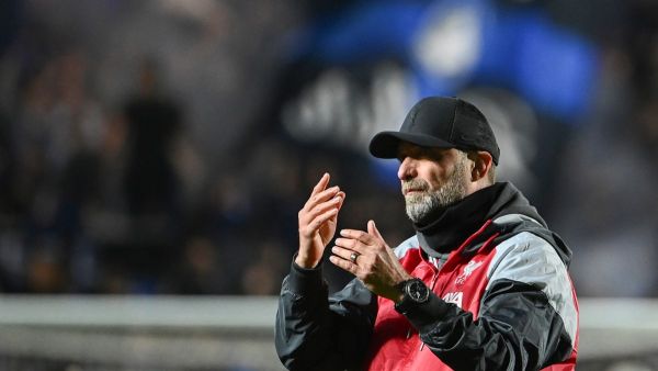 Liverpool's German head coach Jurgen Klopp reacts as his team loses the UEFA Europa League quarter-final second leg football match between Atalanta BC and Liverpool FC at the Atleti Azzurri d'Italia Stadium in Bergamo, on April 18, 2024. Liverpool were knocked out of the Europa League by Atalanta with the Italian side reaching the semi-finals 3-1 on aggregate on April 18, 2024. (Photo by Isabella BONOTTO / AFP)