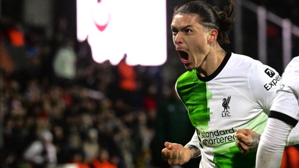 Liverpool's Uruguayan striker #09 Darwin Nunez celebrates scoring his team's third goal during the UEFA Europa League round of 16 first leg football match between AC Sparta Praha and Liverpool FC in Prague on March 7, 2024. (Photo by Michal Cizek / AFP)