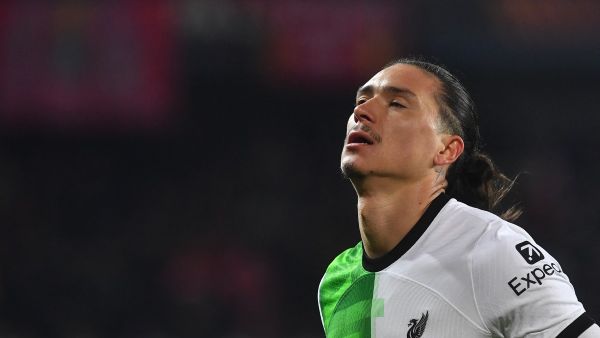 Liverpool's Uruguayan striker #09 Darwin Nunez celebrates scoring his team's third goal during the UEFA Europa League round of 16 first leg football match between AC Sparta Praha and Liverpool FC in Prague on March 7, 2024. (Photo by MICHAL CIZEK / AFP)