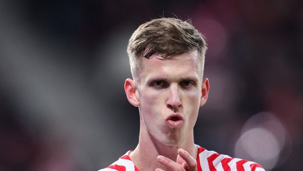 Leipzig's Spanish forward #07 Dani Olmo reacs during the UEFA Champions League Round of 16, first-leg football match between RB Leipzig and Real Madrid CF in Leipzig, eastern Germany, on February 13, 2024. (Photo by Ronny Hartmann / AFP)