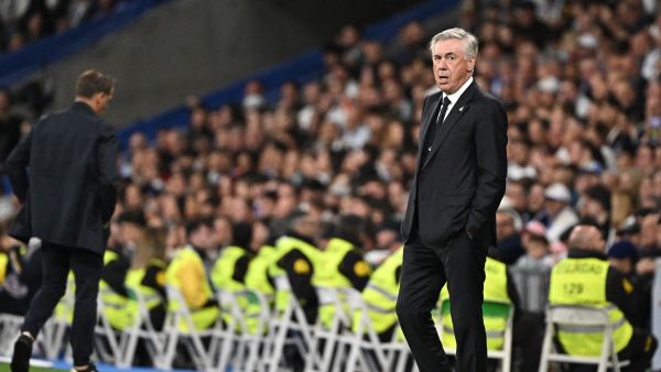 Real Madrid's Italian coach Carlo Ancelotti looks on during the Spanish league football match between Real Madrid CF and Deportivo Alaves at the Santiago Bernabeu stadium in Madrid on May 14, 2024. (Photo by JAVIER SORIANO / AFP)