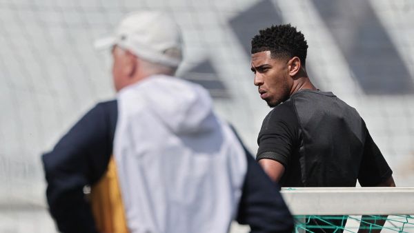 Real Madrid's English midfielder #5 Jude Bellingham attends a training session at the Santiago Bernabeu stadium in Madrid on May 27, 2024 ahead of their Champions League final football match against Borussia Dortmund. (Photo by Thomas COEX / AFP)