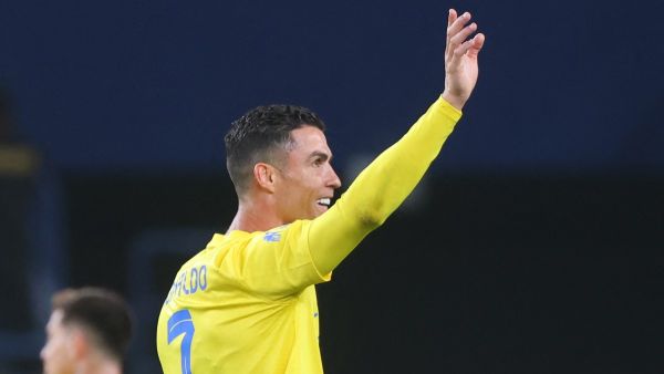 Nassr's Portuguese forward #07 Cristiano Ronaldo celebrates after scoring during the Saudi Pro League football match between Al-Nassr and Al-Tai in Riyadh's Al-Awal Park Stadium on March 30, 2024. (Photo by Fayez NURELDINE / AFP)