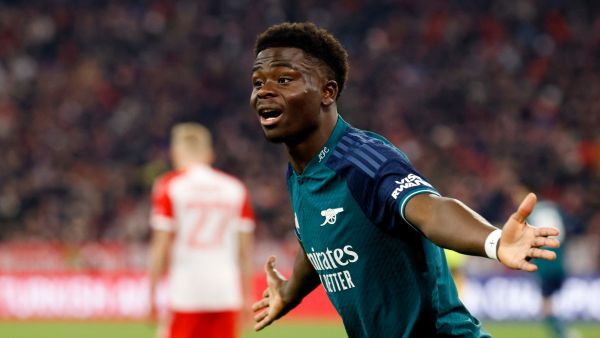 Arsenal's English midfielder #07 Bukayo Saka reacts during the UEFA Champions League quarter-final second leg football match between FC Bayern Munich and Arsenal FC in Munich, southern Germany on April 17, 2024. (Photo by Michaela STACHE / AFP)