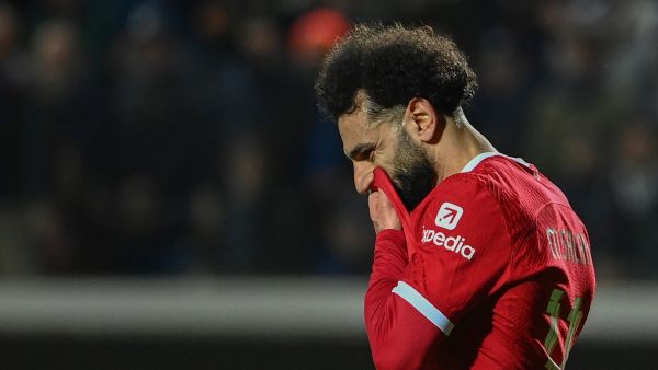 Liverpool's Egyptian forward #11 Mohamed Salah reacts during the UEFA Europa League quarter-final second leg football match between Atalanta BC and Liverpool FC at the Atleti Azzurri d'Italia Stadium in Bergamo, on April 18, 2024. (Photo by Isabella BONOTTO / AFP)