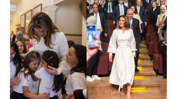 الفستان الميدي يزين إطلالة الملكة رانيا اليوم باللون الأبيض