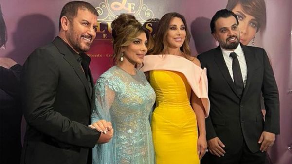 Najwa Karam with businessman Omar Al-Dahmani, Syrian singer Asala, and her husband, Faiq Hassan. (Social media)