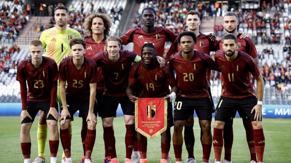 Belgium's team players pose for photographs ahead of the International friendly football match between Belgium and Montenegro at the Baudoin King Stadium in Brussels on June 5, 2024. (Photo by Kenzo TRIBOUILLARD / AFP)
