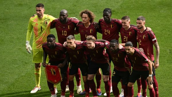 Belgium's players pose for a team picture during the UEFA Euro 2024 Group E football match between Belgium and Slovakia at the Frankfurt Arena in Frankfurt am Main on June 17, 2024. (Photo by Angelos Tzortzinis / AFP)
