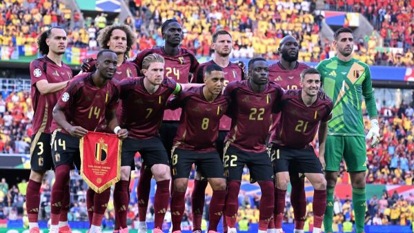 Belgium's players pose for the team photo prior to prior to the UEFA Euro 2024 Group E football match between Belgium and Romania at the Cologne Stadium in Cologne on June 22, 2024. (Photo by Kirill KUDRYAVTSEV / AFP)