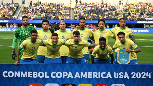 Brazil's players pose ahead of the Conmebol 2024 Copa America tournament group D football match between Brazil and Costa Rica at SoFi Stadium in Inglewood, California on June 24, 2024. (Photo by Patrick T. Fallon / AFP)