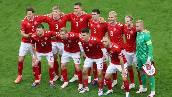 Denmark's players pose for the team photo during the UEFA Euro 2024 Group C football match between Denmark and England at the Frankfurt Arena in Frankfurt am Main on June 20, 2024. (Photo by Daniel ROLAND / AFP)