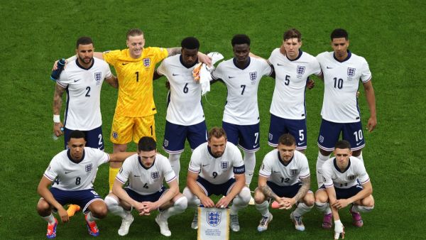 England's players pose for the team photo during the UEFA Euro 2024 Group C football match between Denmark and England at the Frankfurt Arena in Frankfurt am Main on June 20, 2024. (Photo by Daniel ROLAND / AFP)
