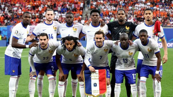 France's players pose prior to the UEFA Euro 2024 Group D football match between the Netherlands and France at the Leipzig Stadium in Leipzig on June 21, 2024. (Photo by FRANCK FIFE / AFP)