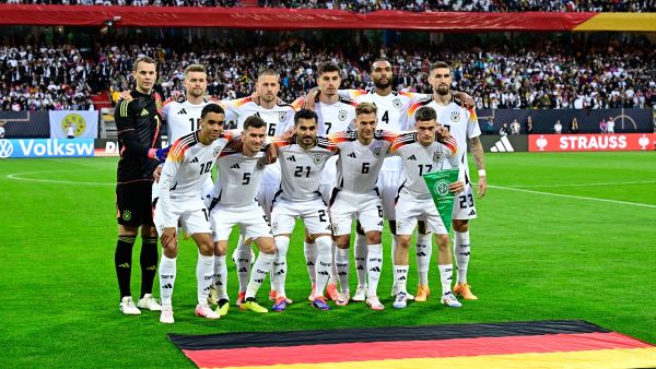 Germany's team pose prior the friendly football match Germany v Ukraine, in Nuremberg, eastern Germany, on June 3, 2024. (Photo by Tobias SCHWARZ / AFP)