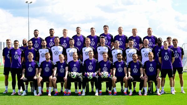 Germany's players pose for a group photo before a training session in Herzogenaurach, Bavaria, on June 13, 2024, on the eve of their UEFA Euro 2024 football match against Scotland. (Photo by Tobias SCHWARZ / AFP)