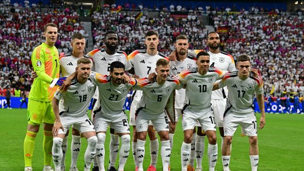 Germany players pose for the team photo prior to the UEFA Euro 2024 Group A football match between Switzerland and Germany at the Frankfurt Arena in Frankfurt am Main on June 23, 2024. (Photo by Tobias SCHWARZ / AFP)