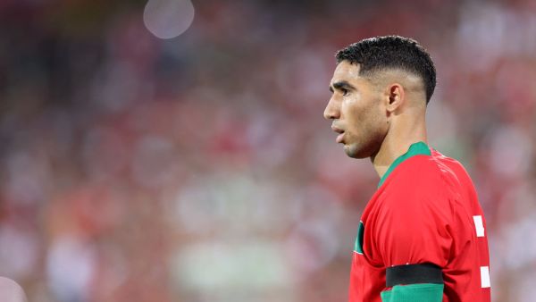 Morocco's defender Achraf Hakimi looks on during the international friendly football match between Morocco and Burkina Faso at the Stade Bollaert-Delelis in Lens, northern France, on September 12, 2023. The Royal Moroccan Football Federation (FRMF) has announced that the proceeds from the match will be donated to help support the victims of the recent earthquake that struck several regions in Morocco on September 8, 2023. (Photo by Ayoub Benkarroum / AFP)