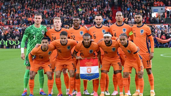 Dutch's team players pose for photographs ahead of the International friendly football match between Netherlands and Iceland at the Feyenoord Stadium, in Rotterdam, on June 10, 2024. (Photo by JOHN THYS / AFP)
