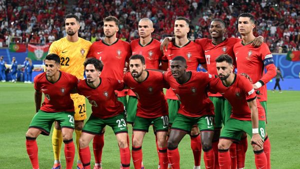 Portugal's players pose for a team photograph ahead of the UEFA Euro 2024 Group F football match between Portugal and the Czech Republic at the Leipzig Stadium in Leipzig, Eastern Germany on June 18, 2024. (Photo by PATRICIA DE MELO MOREIRA / AFP)