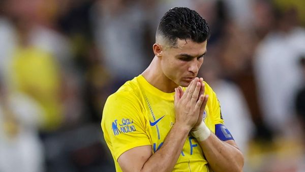 Nassr's Portuguese forward #07 Cristiano Ronaldo reacts during the penalty shootout of the King's Cup final match between Al-Nassr and Al-Hilal at the King Abdullah Sport City Stadium in Jeddah on May 31, 2024. (Photo by AFP)