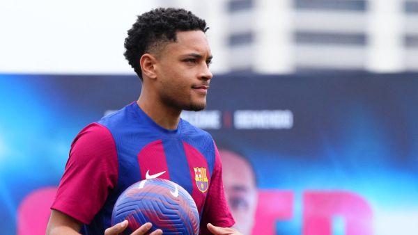 Brazilian forward Vitor Roque holds a ball during his official presentation as new player of FC Barcelona at the Joan Gamper training ground in Sant Joan Despi, near Barcelona, on January 5, 2024. (Photo by Pau BARRENA / AFP)