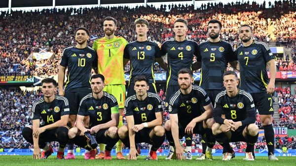 Scotland's players pose for a team photo prior to the UEFA Euro 2024 Group A football match between Scotland and Switzerland at the Cologne Stadium in Cologne on June 19, 2024. (Photo by JAVIER SORIANO / AFP)