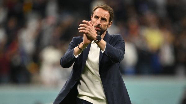 England's coach #00 Gareth Southgate reacts at the end of the Qatar 2022 World Cup quarter-final football match between England and France at the Al-Bayt Stadium in Al Khor, north of Doha, on December 10, 2022. (Photo by Paul ELLIS / AFP)