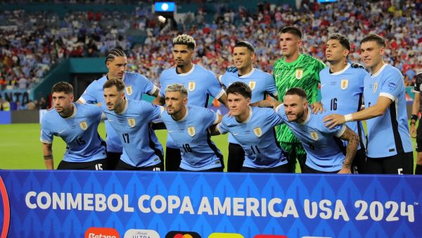 Uruguay's players pose for pictures ahead of the Conmebol 2024 Copa America tournament group C football match between Uruguay and Panama at Hard Rock Stadium in Miami, Florida on June 23, 2024. (Photo by Chris ARJOON / AFP)