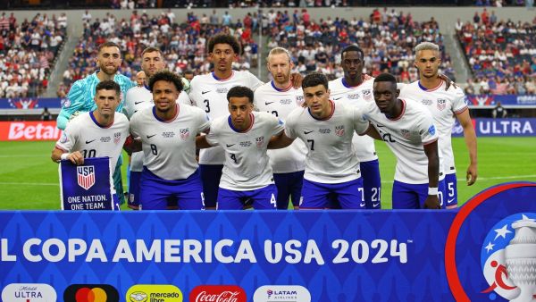 USA's players pose for pictures ahead of the Conmebol 2024 Copa America tournament group C football match between the USA and Bolivia at AT&T Stadium in Arlington, Texas on June 23, 2024. (Photo by Aric Becker / AFP)