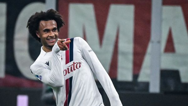 Bologna's Dutch forward #9 Joshua Zirkzee celebrates after scoring the opening goal during the Italian Serie A football match between AC Milan and Bologna at the San Siro Stadium, in Milan on January 27, 2024. (Photo by Piero CRUCIATTI / AFP)